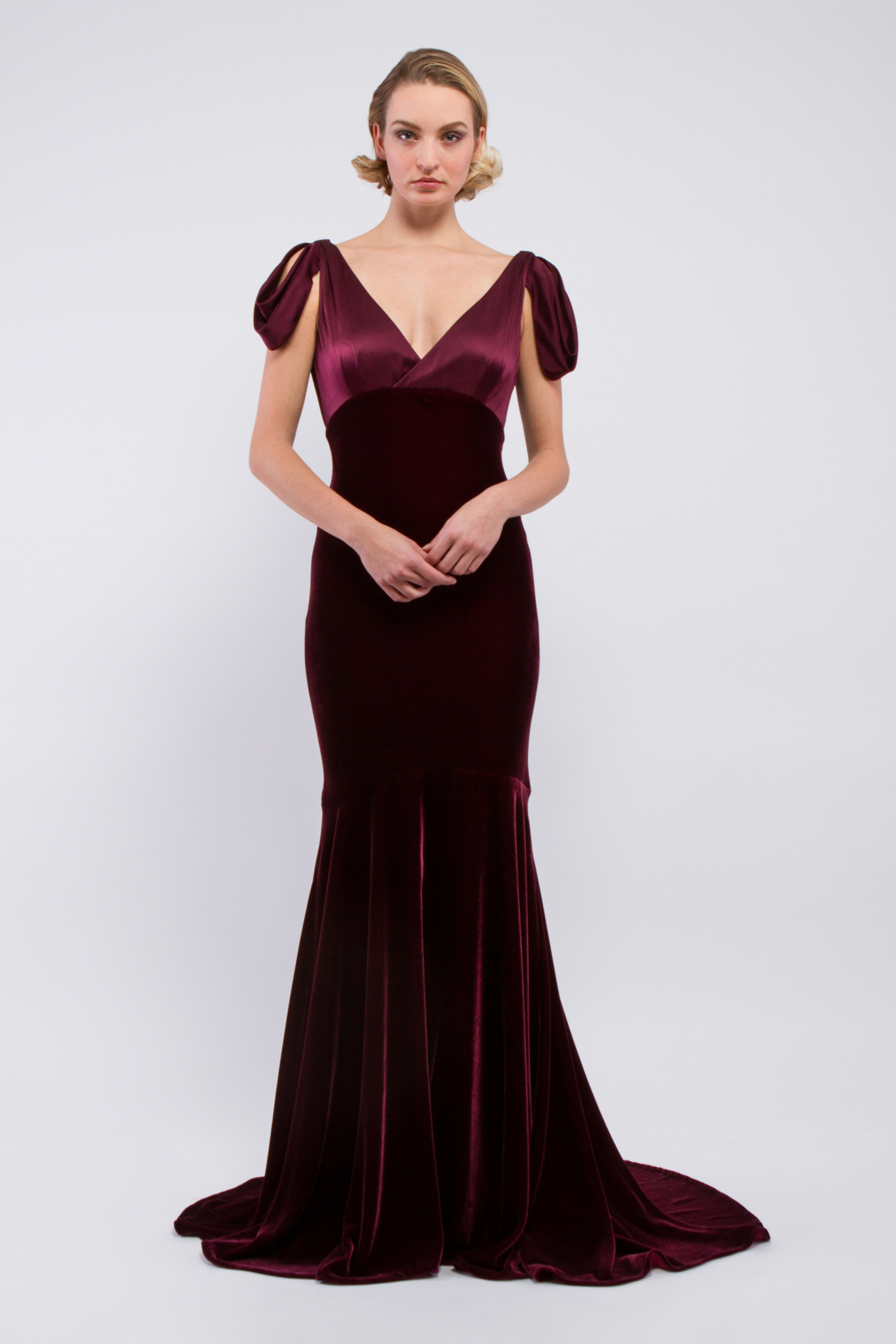 Dress in Bias cut silk velvet gown with charmeuse draped bodice - Look 1 - The Dream