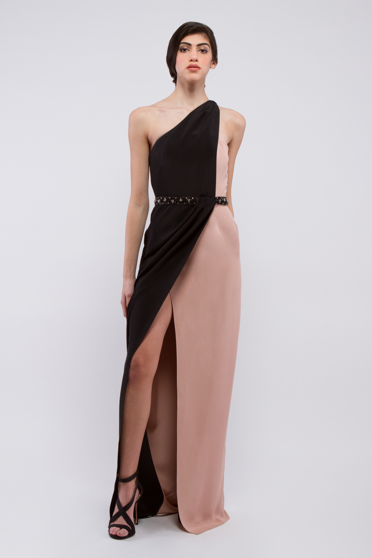 Color block one shoulder 4 ply silk crepe column gown - Look 10 - The Dream