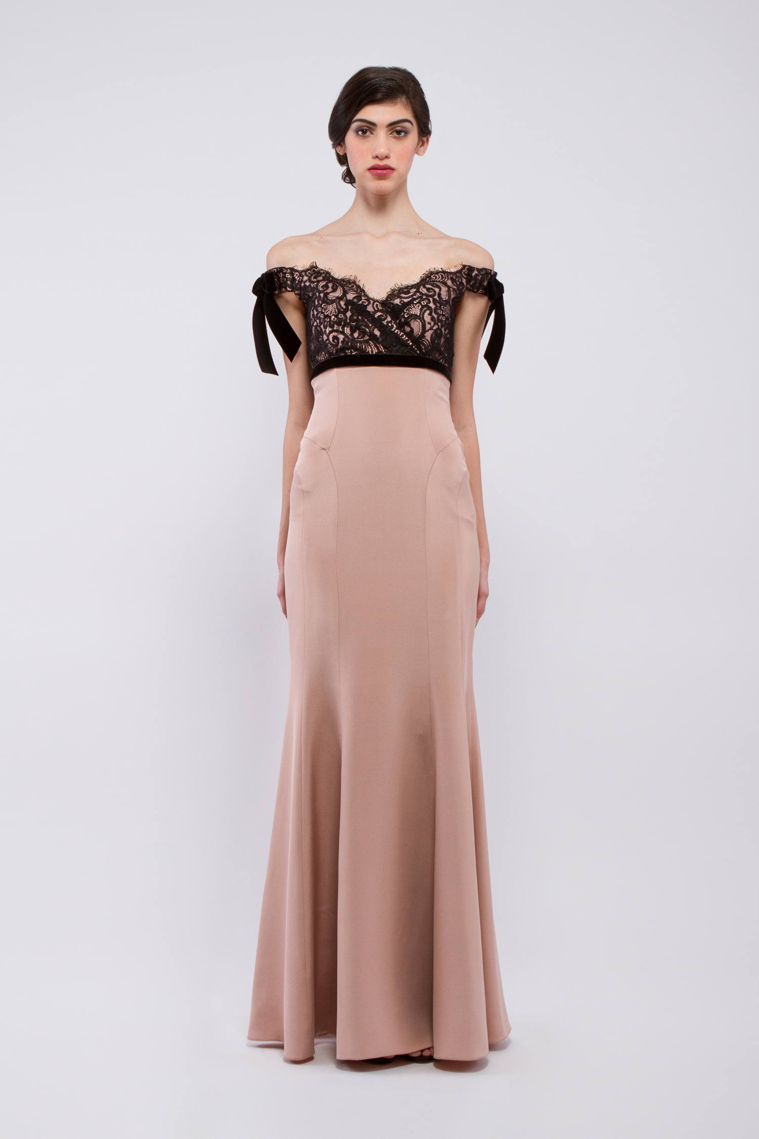 Off shoulder 4 ply silk crepe gown with lace bodice - Look 11 - The Dream
