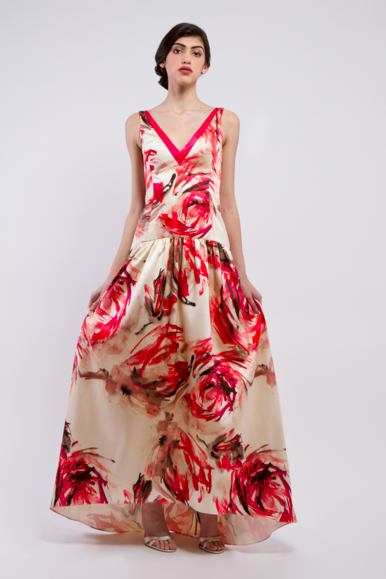 V-neck printed satin gown with hi-low hem - Look13 - The Dream