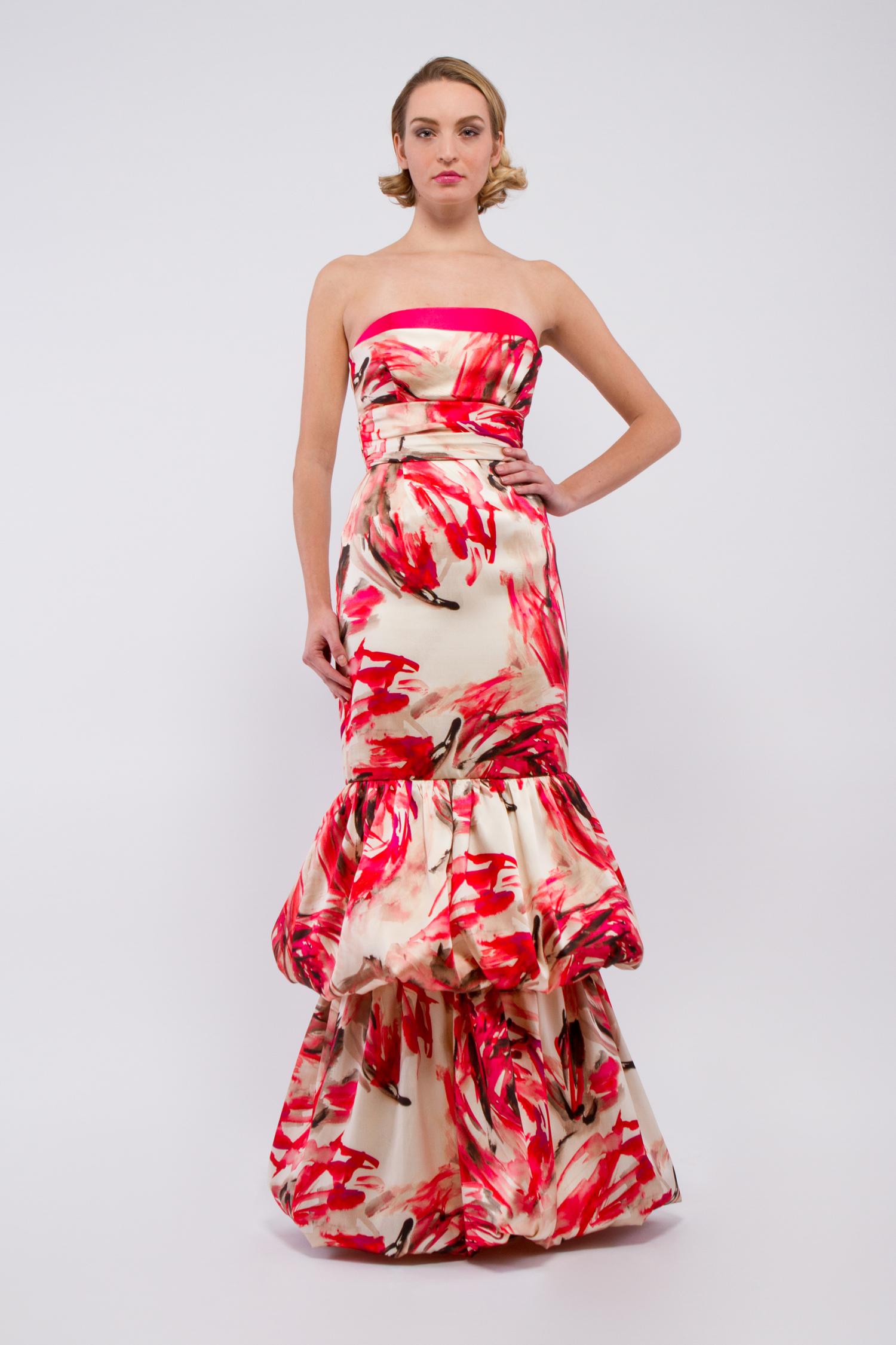 Strapless printed satin gown with layered bubble skirt - Look 14 - The Dream