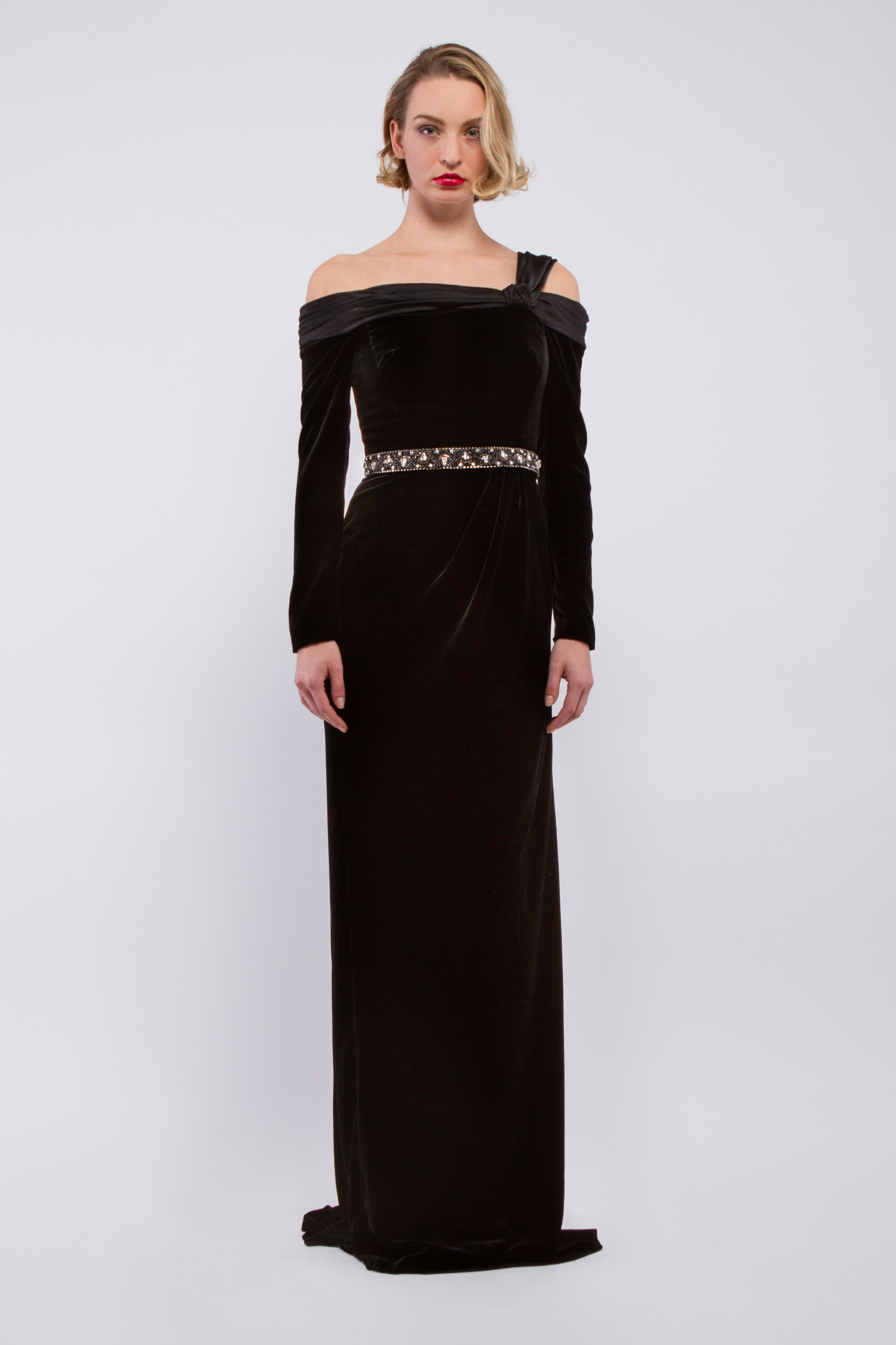 Off shoulder velvet and charmeuse column gown with hand beaded belt - Look 3 - The Dream