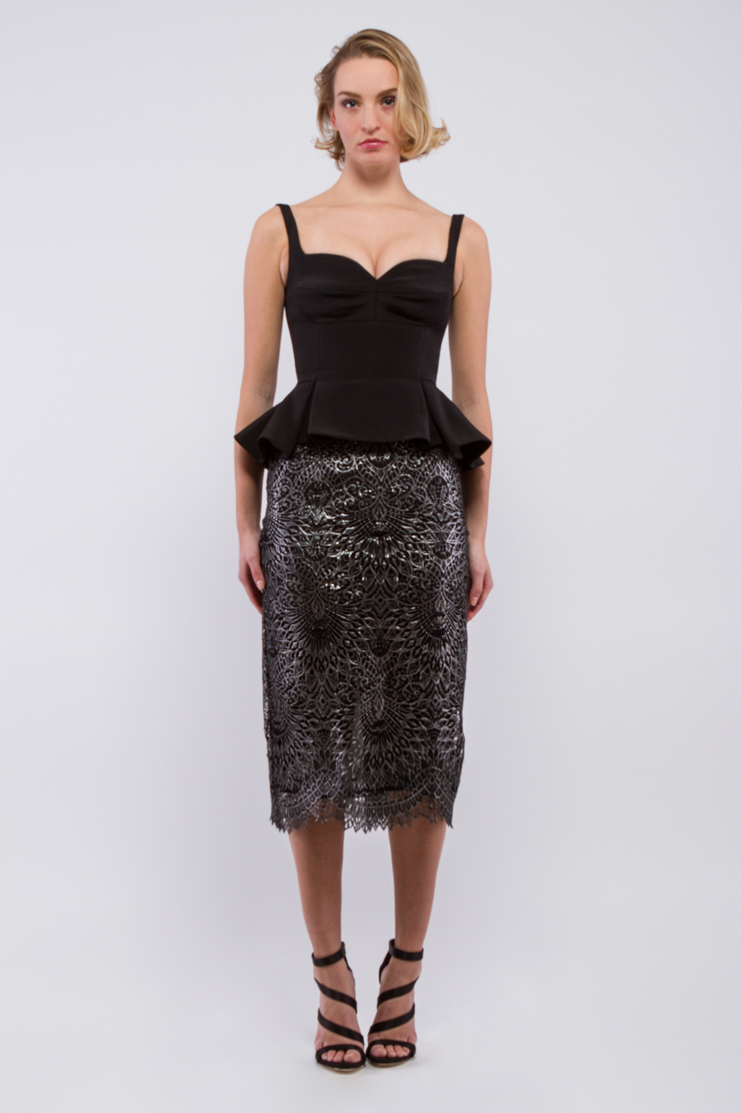 4 ply silk crepe bustier with peplum, Metallic lace pencil skirt - Look 7 - The Dream