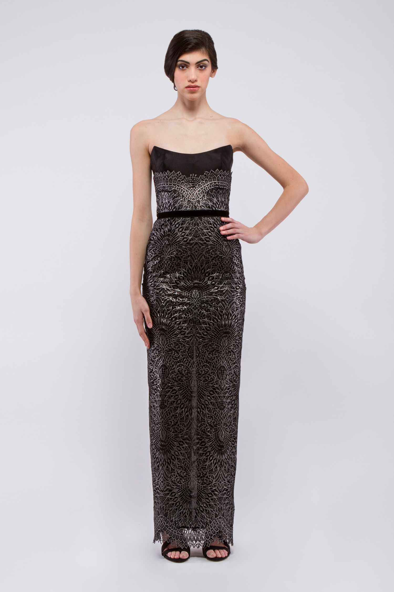 Strapless metallic lace column gown with bustier detailing - Look 8 - The Dream