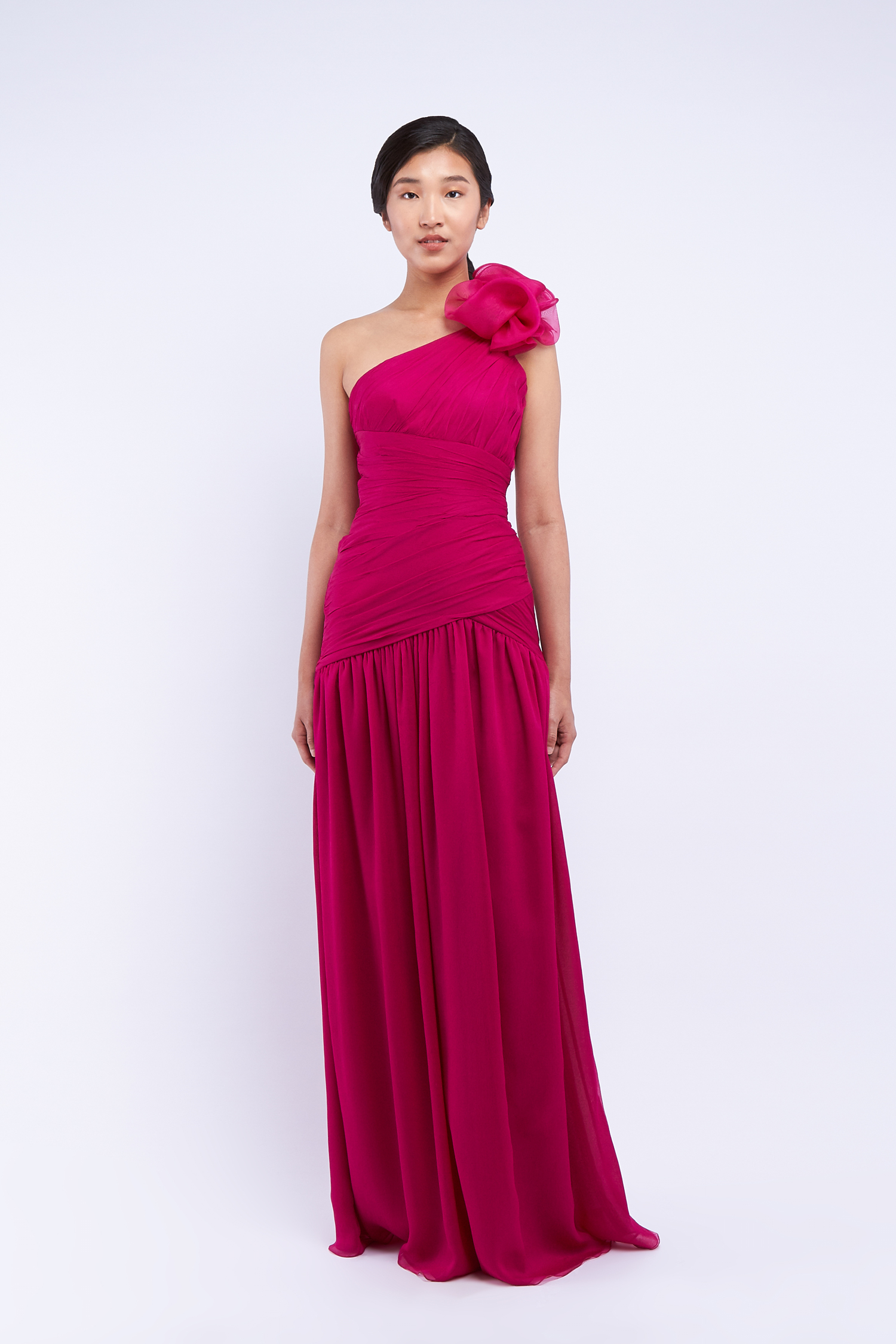 One shoulder gown with pleated bodice and organza orchid Size Guide - Commitment Look 6 - Verdin New York
