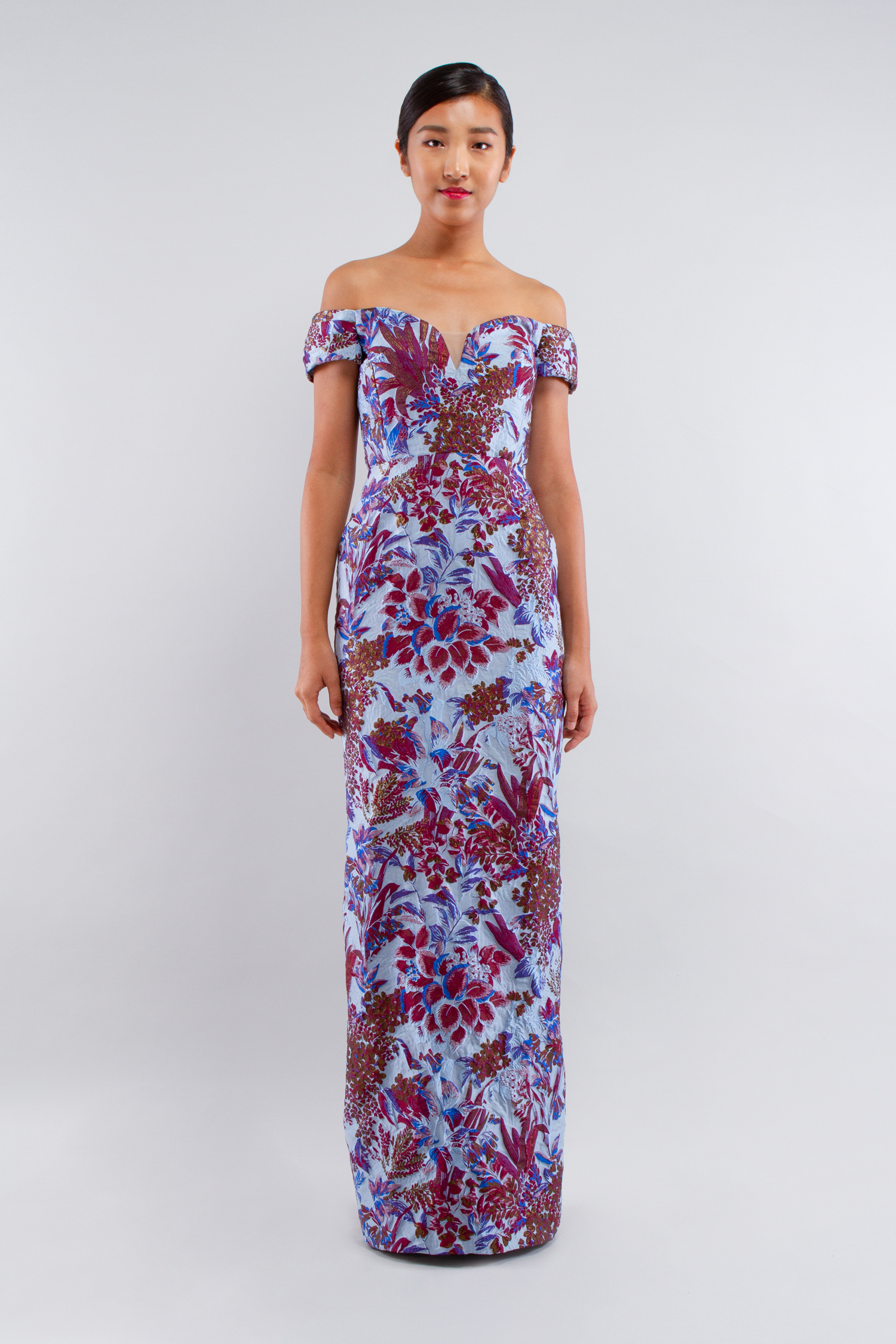Botanical Brocade strapless column dress with princess side slit - Believe Look 1 - Verdin New York
