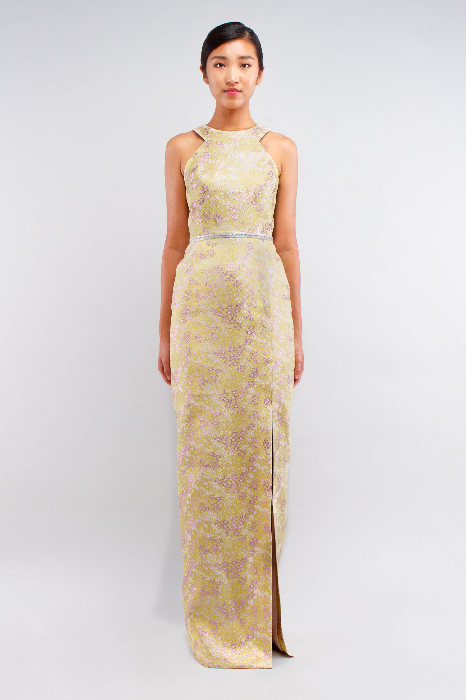 Long column gown dress with cut-out neckline and embroidered belt - Believe Look 2 - Verdin New York
