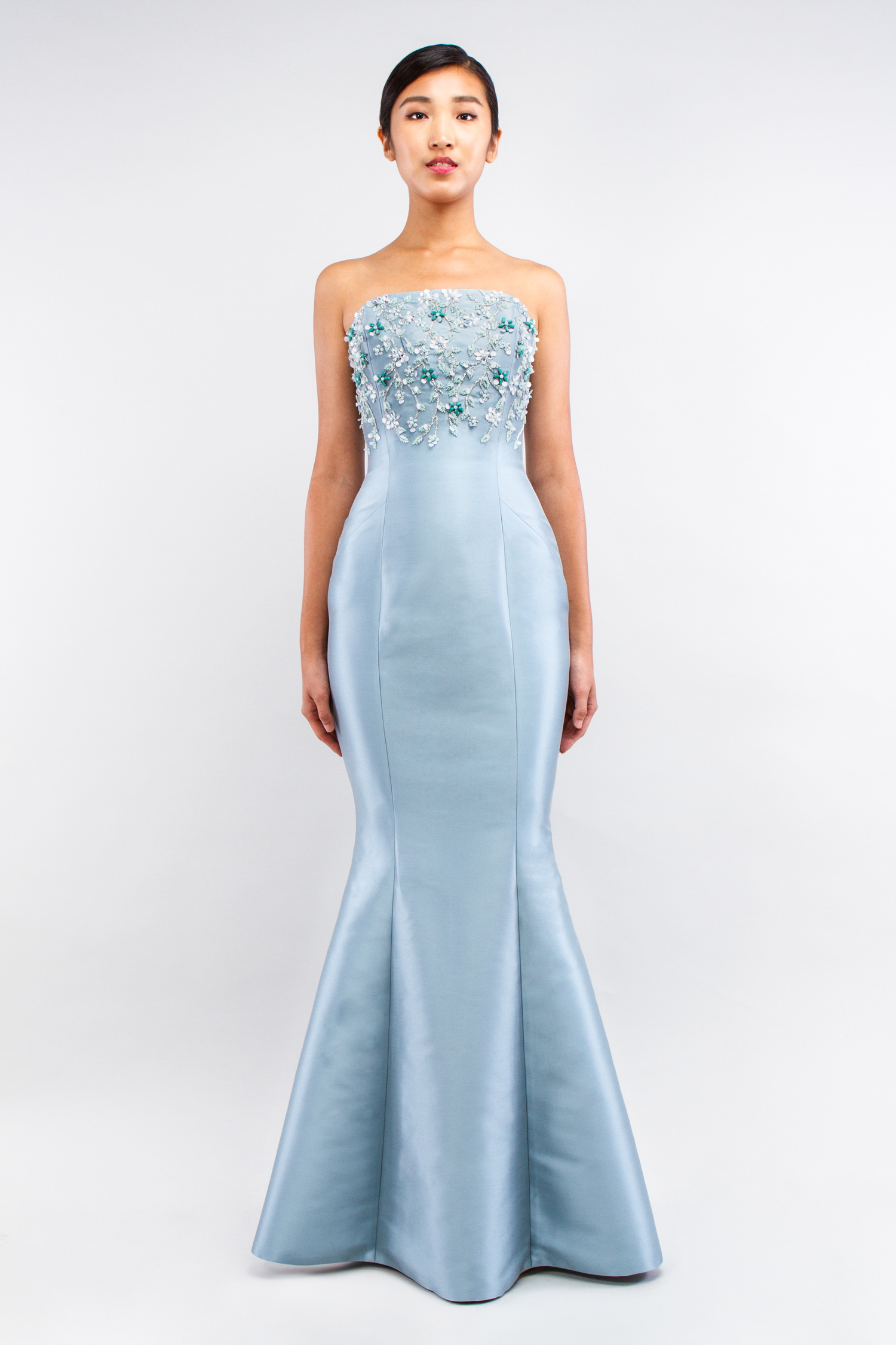 Formal strapless dress for evening event in blue satin and embroidered highlights - Believe Look 5 - Verdin New york