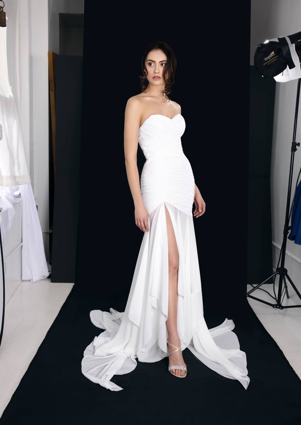 Bride Dress Model Sofia - Draped sequin bustier gown with chiffon skirt - Verdin New York