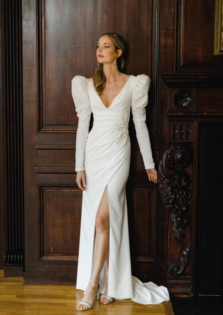 Bridal Dress Model Diana - Dress with Puffy Long Sleeve, plunging V–neck, soft front wrap with chapel train - Verdin New York