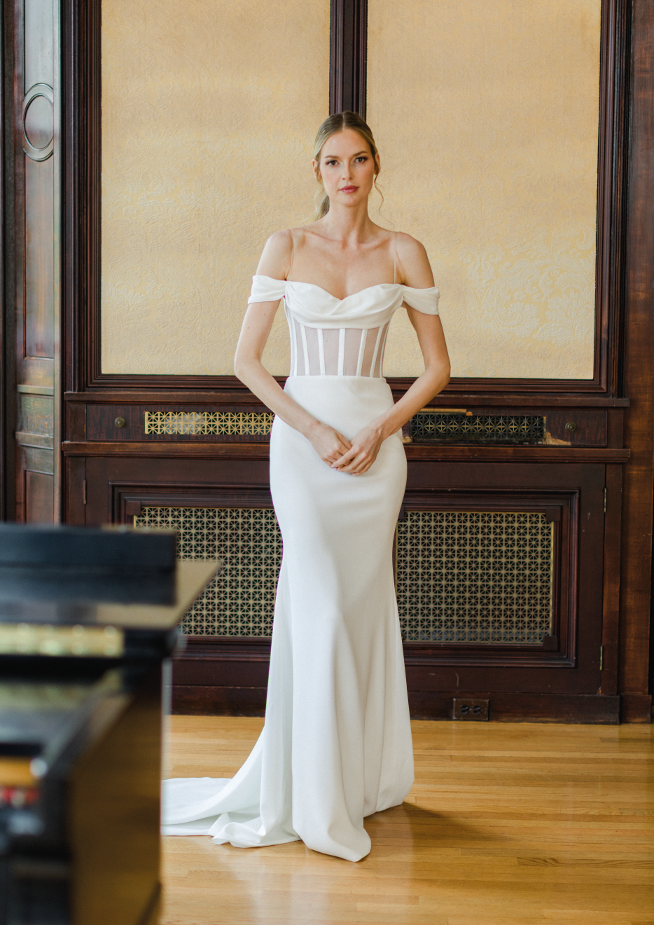 Bridal Dress Model Victoria - off the shoulder draped stretch gown with dramatic trumpet skirt and chapel train - Verdin New York