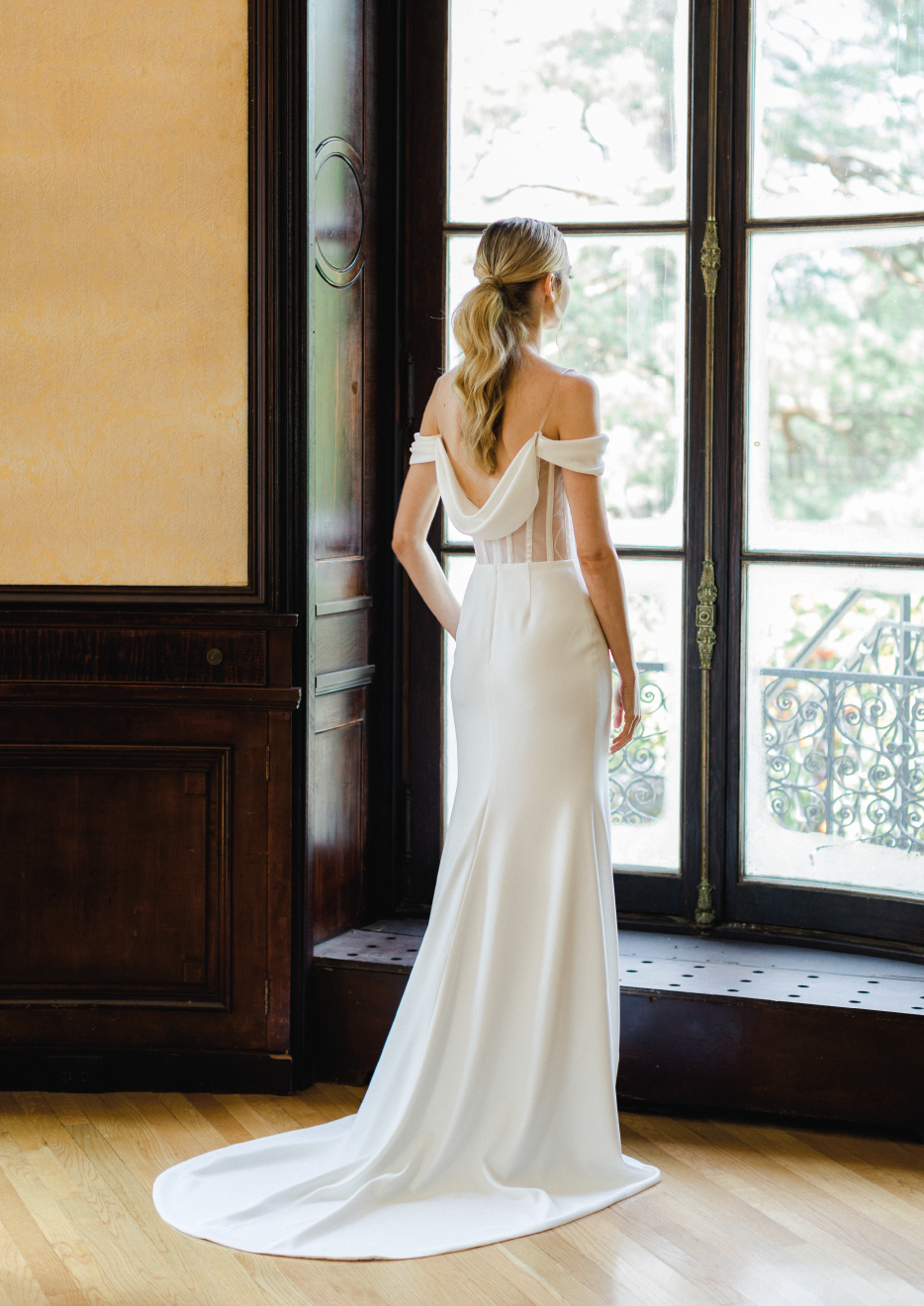 Bridal Dress Model Victoria - Dress with off the shoulder style, draped stretch gown with dramatic trumpet skirt and chapel train - Verdin New York