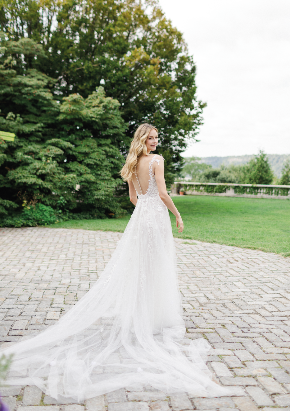 Bride Dress Model Elizabeth - Cap sleeve low scooped neckline gown with low illusion back and cathedral train - Verdin New York