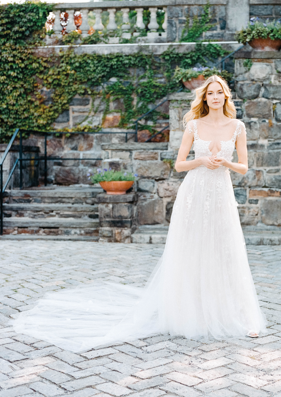 Wedding dress model Elizabeth - Cap sleeve low scooped neckline gown with low illusion back and cathedral train - Verdin New York