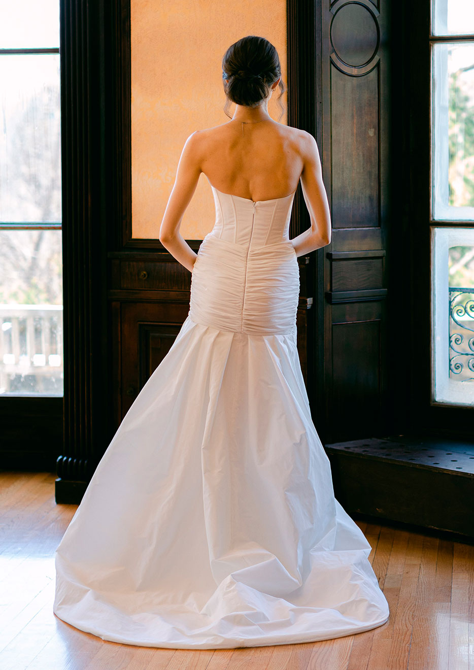 Wedding dress model Magna - Strapless draped taffeta gown with chapel train - Verdin New York