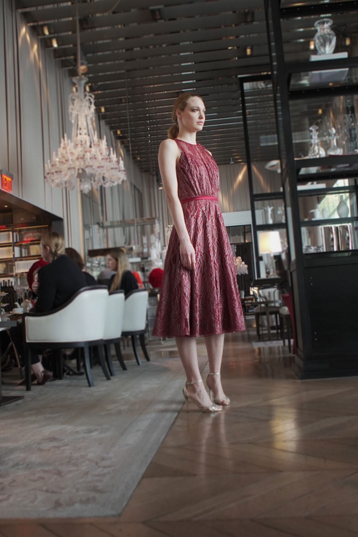 Promises Look 6 - Strapless shaped dress using elegant red texture - Verdin New York